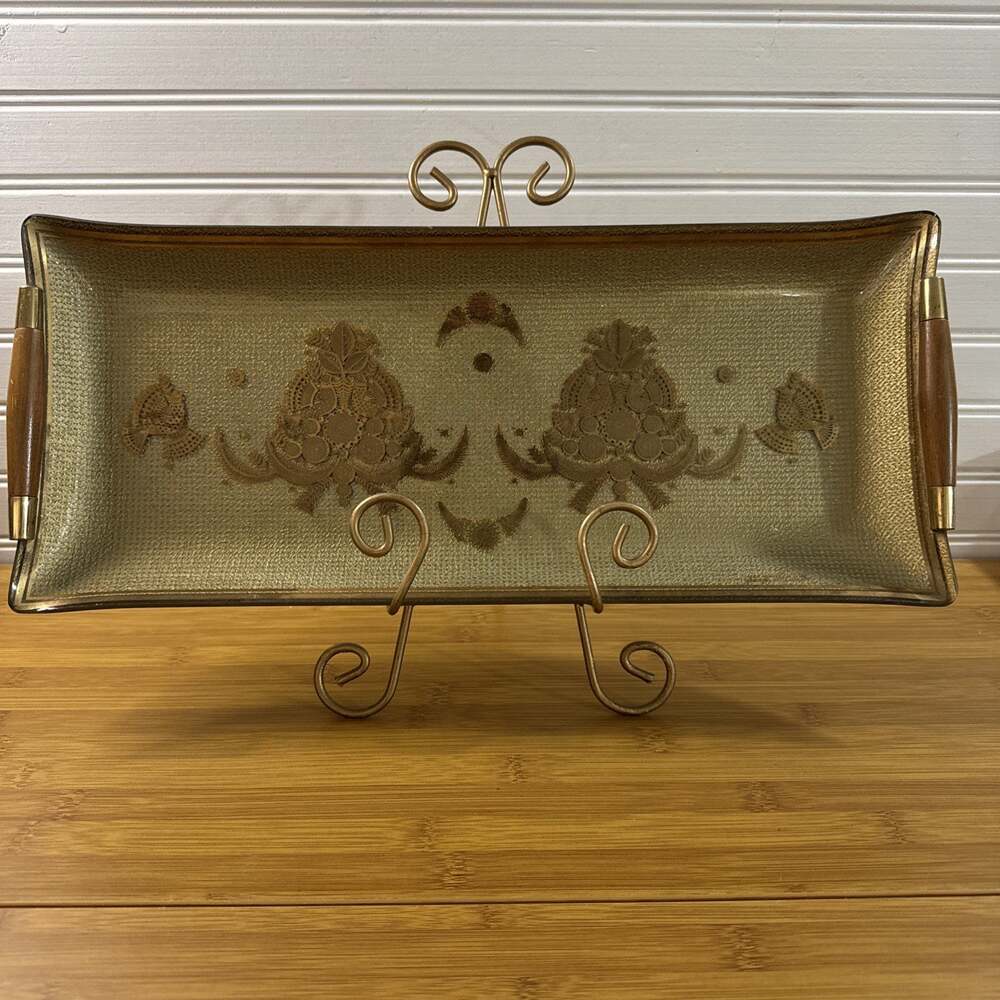 Vintage Georges Briard Sonata Glass Serving Tray MCM Wood Handles Gold Bird